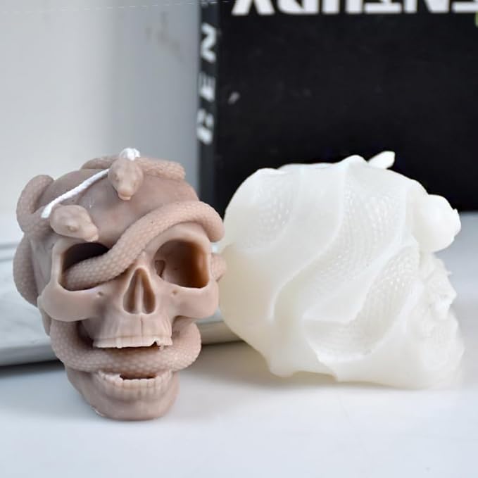 Halloween Snake Winding Skull Candle Silicone Mold, DIY 3.7 Inch Ghost Skull Candle Making Wax Moulds Gypsum Ornament Resin Soap Molds Casting Art Home Decor