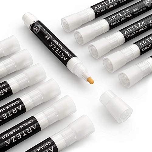 ARTEZA Liquid White Chalk Markers Set of 12, Fine Tip, Washable Water-Based Pens for Chalkboards, Glass, Car Windows, Restaurant Menu Boards and Signs