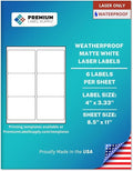 Premium Label Supply Waterproof Matte White Sticker Labels – 4" x 3.33" – Laser Printers Only – (6 per Sheet), 1000 Sheets - 6,000 Total Adhesive Labels