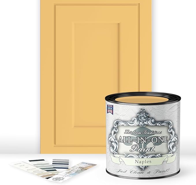 ALL-IN-ONE Paint, Durable cabinet and furniture paint. Built in primer and top coat, no sanding needed. Includes our 30 featured color card - Naples (sunny yellow), Quart