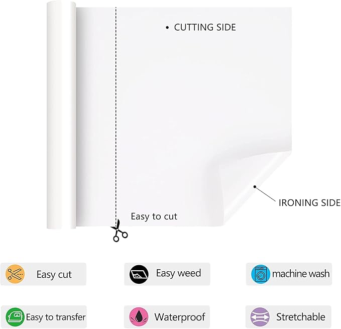 HTV Iron on Vinyl 12Inch by 12ft Roll Heat Transfer Vinyl for T-Shirt HTV Vinyl Rolls for All Cutter Machine - Easy to Cut & Weed for Heat Transfer Design (12ft, White)