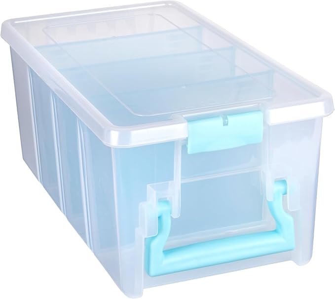 ArtBin 6925AA Semi Satchel with Removable Dividers, Portable Art & Craft Organizer with Handle, [1] Plastic Storage Case, Clear with Aqua Accents
