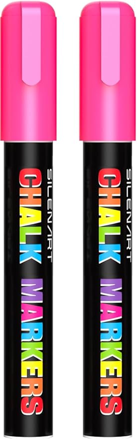 SILENART Pink Chalk Markers 2 Pack - Pink Dry Erase Markers Pen - Liquid Chalk Markers for Chalkboard, Window, Glass, Mirror, Blackboard