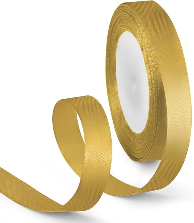 5/8 Inch 25 Yards Satin Ribbon Gold, Solid Color Fabric Ribbon for Gift Wrapping, Wedding, Polyester Gift Ribbon for Birthday Party Decoration, Craft, Hair, Floral, Sewing