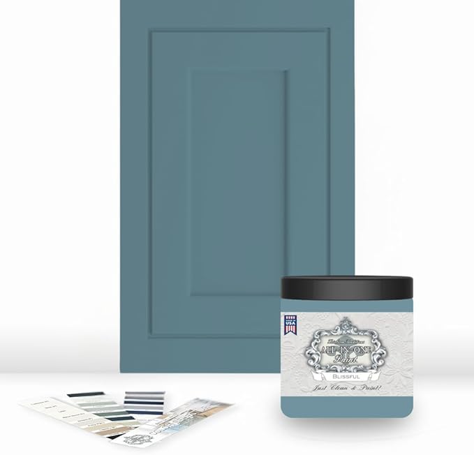 ALL-IN-ONE Paint, Durable cabinet and furniture paint. Built in primer and top coat, no sanding needed. Includes our 30 featured color card - Blissful (french blue), 8oz Sample
