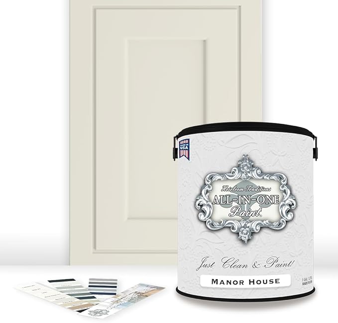 ALL-IN-ONE Paint, Durable cabinet and furniture paint. Built in primer and top coat, no sanding needed. Includes our 30 featured color card - Manor House (creamy off white), Gallon