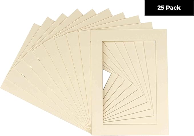 Pack of 25 Acid Free 8x10 Mats Bevel Cut for 5x8 Photos - Textured Cream Precut Matboards With Backing Boards and Clear Photo Mat Bags For Pictures, Photos, Framing - 4-ply Thickness