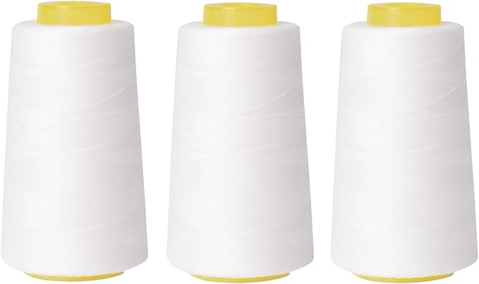 Sewing Thread Cone Set, 3 Pack Serger Thread, 3000 Yards Each, All Purpose Thread for Sewing, Quilting, Machines, Overlock, Merrow & Hand Embroidery (White*3)