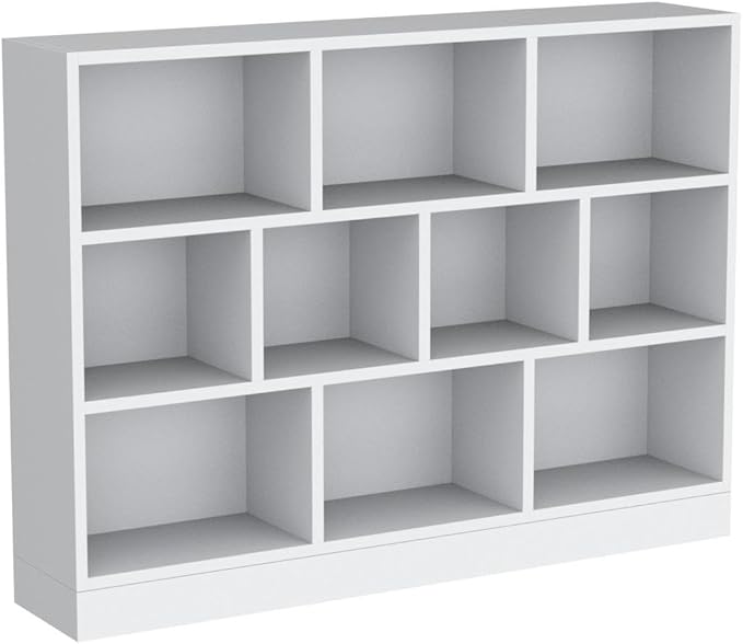 IOTXY Open Shelf Low Bookcase - Wooden 3-Tier Floor Standing Display Cabinet Organizer with Base, 10 Cubes Short Horizontal Bookshelf in Warm White