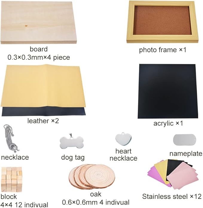 Longer 77pcs Laser Engraving Material Kit DIY Material Package for Custom Business Card Metal Plywood Pet ID Keychain