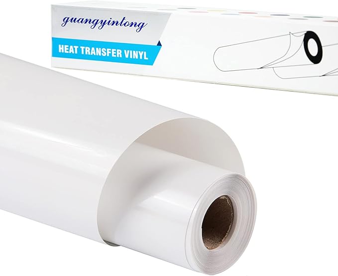 Guangyintong White Heat Transfer Vinyl HTV Rolls, 12" x 8ft Glossy Surface Iron on Vinyl for T-Shirts, All Cutter Machines, Easy to Cut & Weed
