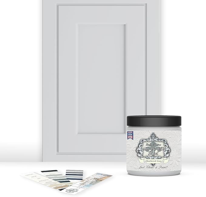 ALL-IN-ONE Paint, Durable cabinet and furniture paint. Built in primer and top coat, no sanding needed. Includes our 30 featured color card - Heathered Gray (light cool gray), 8oz Sample