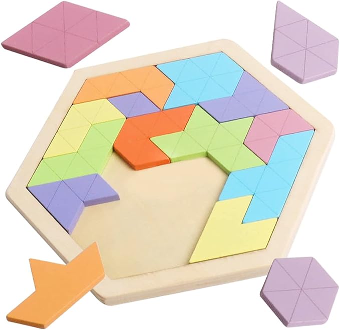 Skrtuan Wooden Hexagon Puzzle for Kid Adults Wooden Blocks Puzzle Brain Teasers Toy Shape Pattern Blocks Tangram Puzzles Games Family Portable Montessori Educational Gift for Kid Children