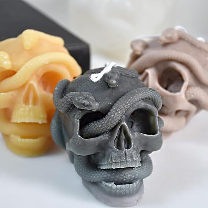 Halloween Snake Winding Skull Candle Silicone Mold, DIY 3.7 Inch Ghost Skull Candle Making Wax Moulds Gypsum Ornament Resin Soap Molds Casting Art Home Decor