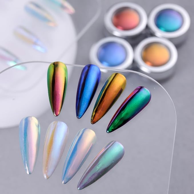 4 Colors Chameleon Chrome Nail Powder Kit, Metallic Mirror Effect Nail Glitter Aurora Iridescent Pearlescent Mermaid Pigment Dust for Gel Polish Nail Art Decoration, Resin Craft