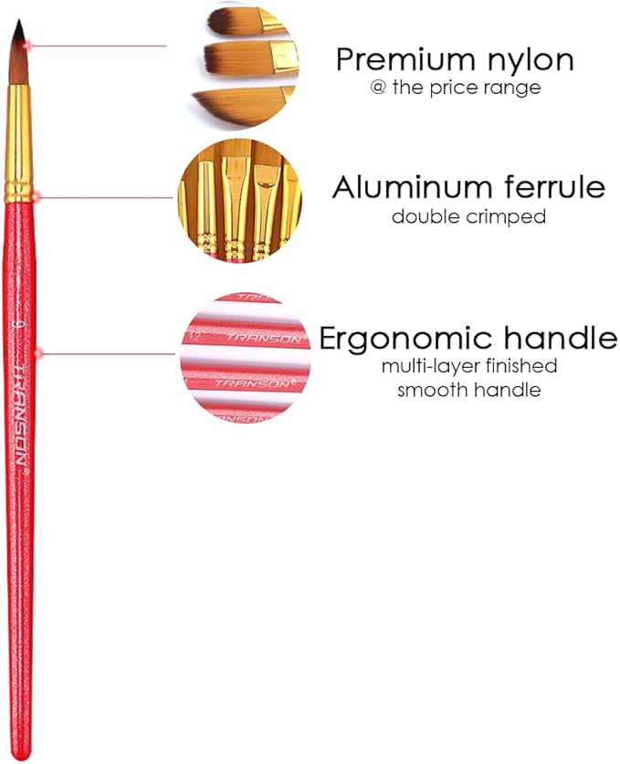 Transon Artist Paint Brush Set of 12 for Acrylic Watercolor Gouache Oil Craft Painting Red