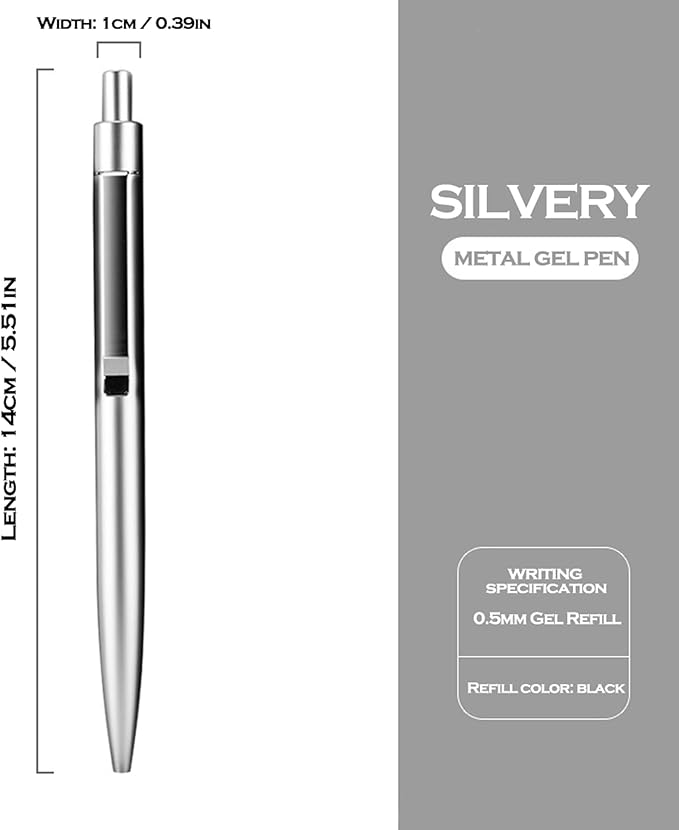 DUNBONG Silvery Metal Gel Pen, Gel Ink Ballpoint Pen, Black Ink, 0.5mm Retractable Ink Pen (Silvery)