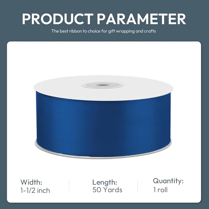 KMER LIFE 1-1/2" Wide x 50 Yards Navy Blue Single Faced Polyester Satin Ribbon, Navy Blue Satin Ribbon Perfect for Wedding Decor, Wreath, Crafts, Gift Wrapping & Other Projects (Navy Blue)