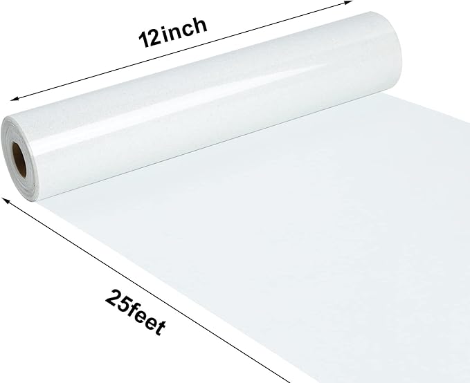 FUNKAKA Glitter White HTV Heat Transfer Vinyl Rolls, 12" x 25ft PU Iron on Vinyl for T-Shirt White Glitter HTV Vinyl for All Cutter Machines Easy to Cut & Weed for Heat Vinyl Design