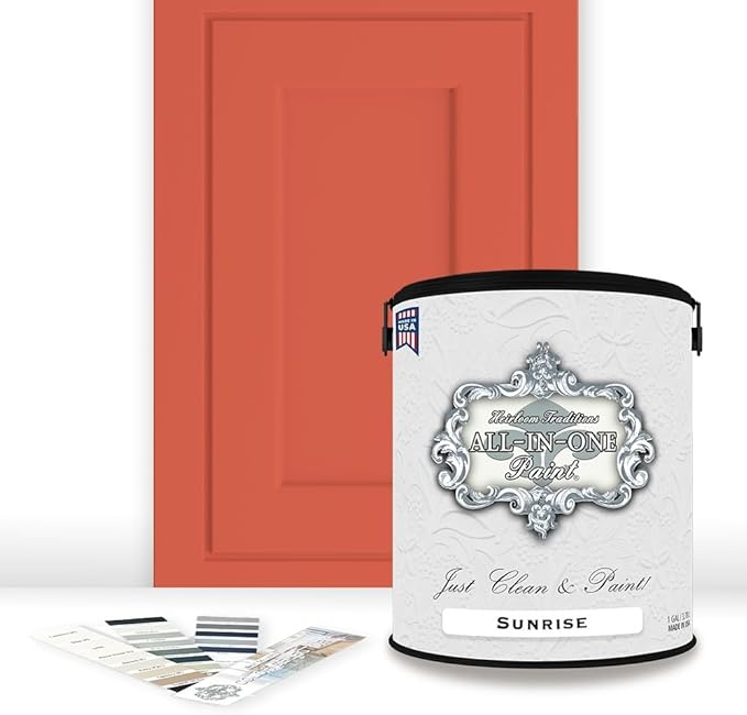 ALL-IN-ONE Paint, Durable cabinet and furniture paint. Built in primer and top coat, no sanding needed. Includes our 30 featured color card - Sunrise (orange-coral), Gallon