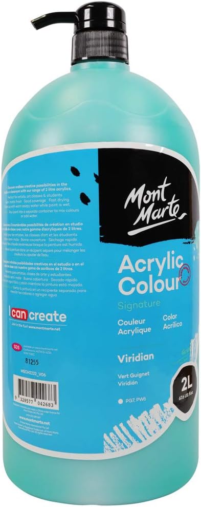 Mont Marte Discovery School Acrylic, 1/2 Gallon (2 Liter). Ideal for Students and Artists. Excellent Coverage and Fast Drying. Pump Lid Included. (Viridian)