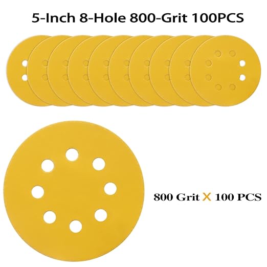 100PCS 5 Inch 8 Hole Sanding Discs 800 Grit,Gold Round Hook and Loop Sandpaper for Random Orbital Sander
