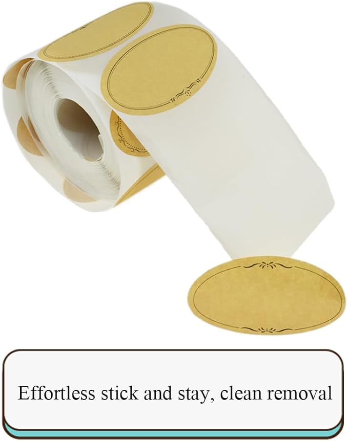 HAHIYO 1.4 * 2.5In 500P Oval Brown Kraft Stickers with Artistic Border - 4 Unique Styles Blank Kraft Labels Roll to Write On Durable Dot Stickers for Jar Canning Labels Price Tags Store Organizing