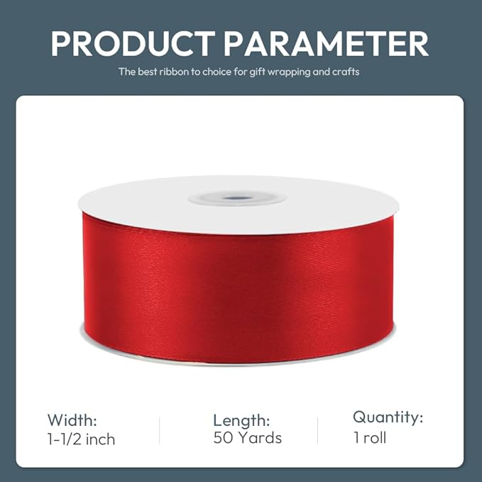 KMER LIFE 1-1/2" Wide x 50 Yards Red Single Faced Polyester Satin Ribbon - Perfect for Wedding Decor, Wreath, Crafts, Gift Wrapping & Other Projects