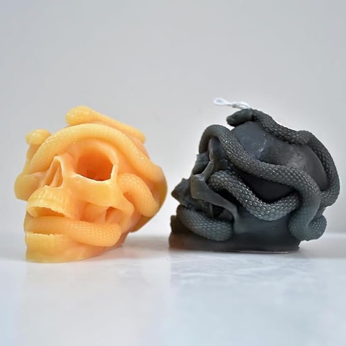 Halloween Snake Winding Skull Candle Silicone Mold, DIY 3.7 Inch Ghost Skull Candle Making Wax Moulds Gypsum Ornament Resin Soap Molds Casting Art Home Decor