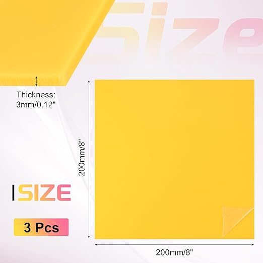 uxcell 3Pcs Acrylic Sheets 8x8 Inch Acrylic Panel 1/8 Inch-3mm Plastic Board for Picture Frames Sign Holders DIY Display Projects Craft, Yellow