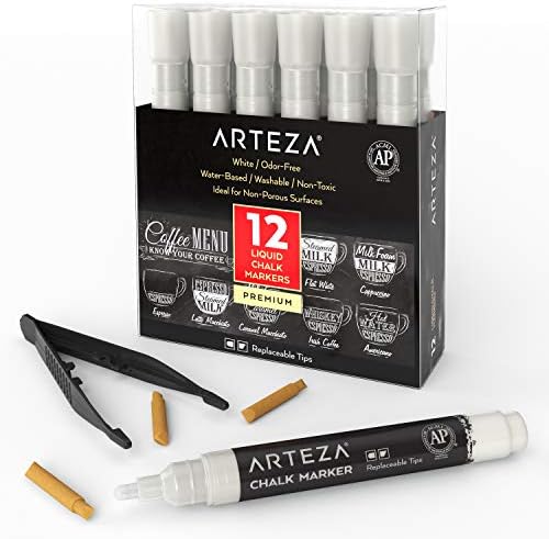 ARTEZA Liquid White Chalk Markers Set of 12, Fine Tip, Washable Water-Based Pens for Chalkboards, Glass, Car Windows, Restaurant Menu Boards and Signs