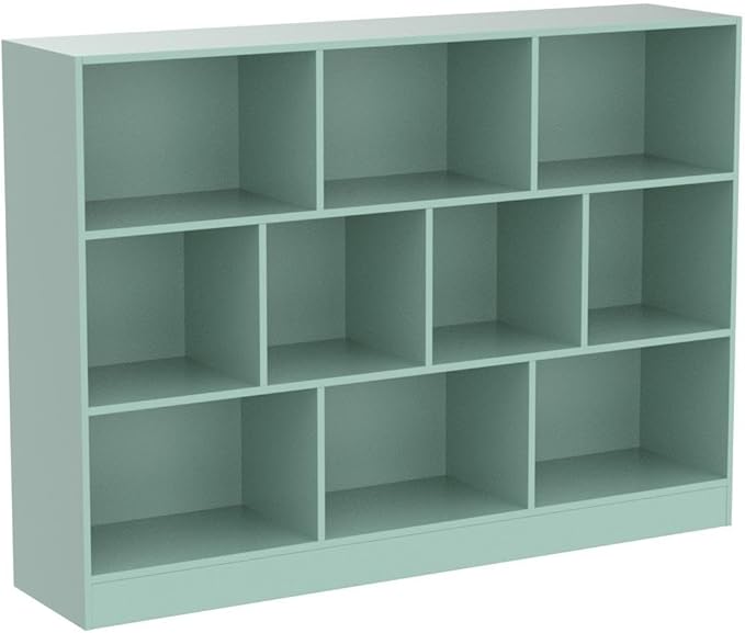 IOTXY Open Shelf Low Bookcase - Wooden 3-Tier Floor Standing Display Cabinet Organizer with Base, 10 Cubes Short Horizontal Bookshelf in Tiffany-Green