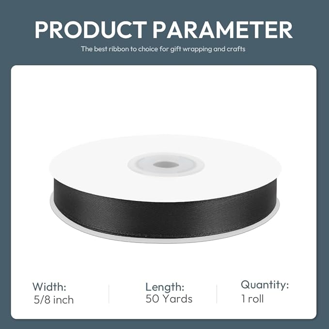 KMER LIFE 5/8" Wide x 50 Yards Black Single Faced Polyester Satin Ribbon, Black Satin Ribbon Perfect for Wedding Decor, Wreath, Crafts, Gift Wrapping & Other Projects (Black)