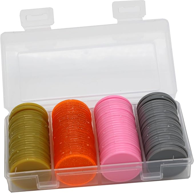 Set of 100 Opaque Plastic Learning Counters Mini Poker Chips Game Tokens with Storage Box (Goldenrod+Pink+Gray+Starry Orange, 1.58 Inch)