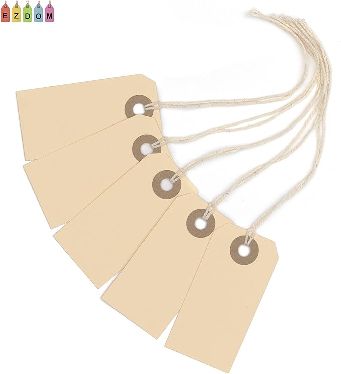 100 Small Manila Paper Tags with String - #1, 2 3/4” x 1 3/8” - Hang Shipping Labels with String Attached and Reinforced Hole, Pre-Strung Tags
