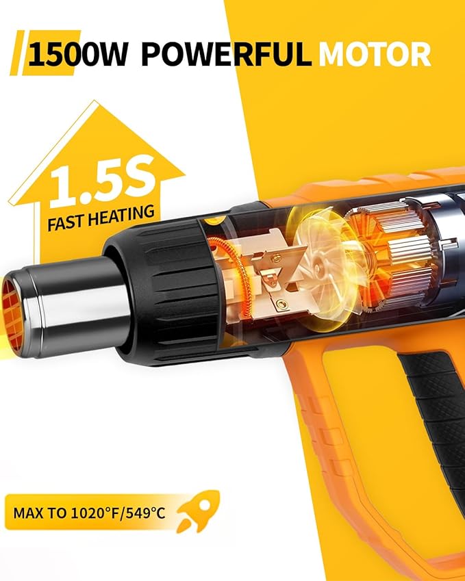 Heat Gun 1500W 120°F-1020°F(50°C-550°C) Fast Heating Heavy Duty Hot Air Gun Kit Variable Temperature Control Overheat Protection with 4 Nozzles for Crafts, Shrinking Pvc, StrippingPaint