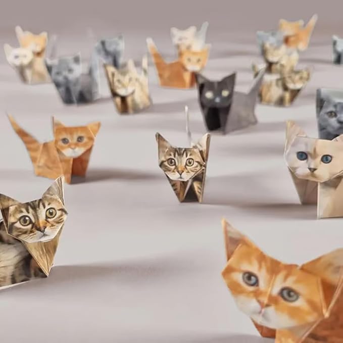 DIY Paper Cats Kit, Cute Kitten Origami Papercraft Kit, 50 Sheets DIY Origami Paper to Fold Cute Cat / Dog / Dinosaur Figures for Teens & Adults, Desk Decoration & Gift for Cat Lovers