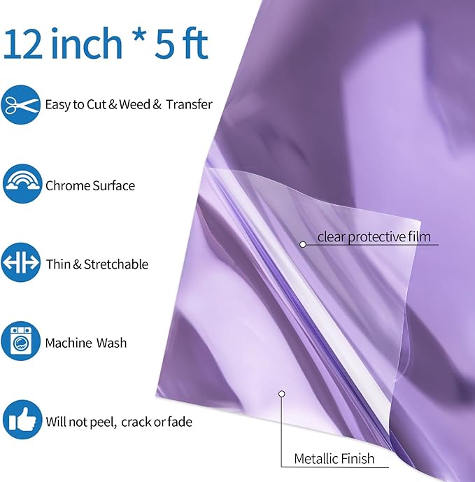 VINYL FROG Metallic Foil HTV Vinyl Roll 12" x5ft Light Purple Chrome Heat Transfer Vinyl Iron on Vinyl Easy to Cut & Weed DIY Heat Press Design for T-Shirts