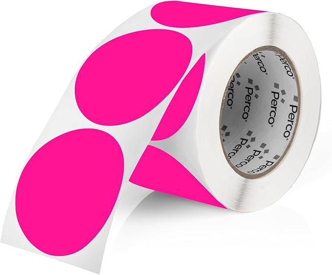 Perco Fluorescent Pink 3-Inch Round Circle Dot Sticker Labels with Easy Peel Perforation - 500 Labels per Roll - Strong Adhesion, Vibrant Colors for Organizing, Crafting & More - Made in USA