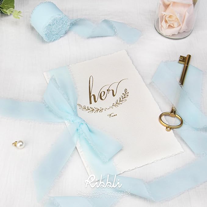 Ribbli Ice Blue Chiffon Silk Ribbon, 1-1/2 inch x 20 Yard, Handmade Fringe, Wedding Invitations, Bridal Bouquets, Home Decor