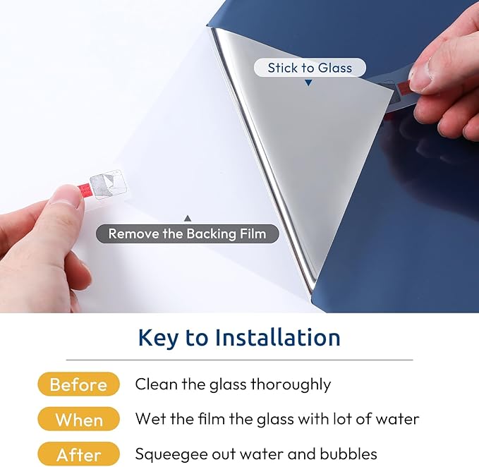 rabbitgoo Window Privacy Film One Way Window Tint for Home, Removable Reflective Heat Sun Blocking Anti UV Glass Door Covering, Mirror Tinting Film House Office, 35.4 in X 9.8 Feet, Blue Silver