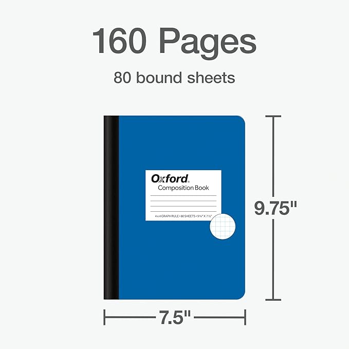 Oxford Composition Notebooks, Mega Pack of 12 Notebooks, Cover Colors Vary, 4 x 4 Graph Paper, 9-3/4 x 7-1/2 Inch School Journals, Assorted Color Covers, 80 Sheets per Book (63718)