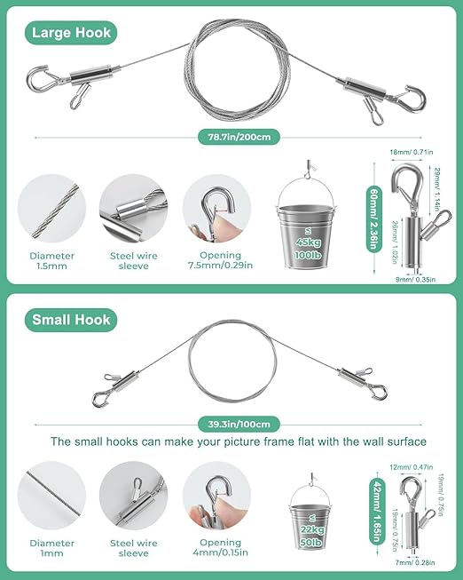 4PCS Adjustable Picture Hanging Wire 1m x 1mm Small Hooks, Picture Frame Wire Kit Heavy Duty 50lbs, Stainless Steel for Art, Mirror, Light Lamp, Billboards, Basket Flowerpot