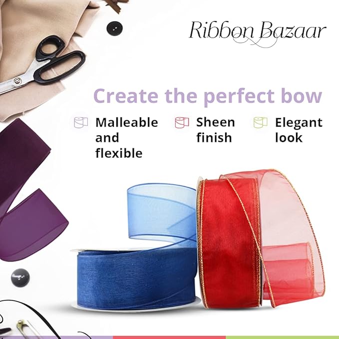 Ribbon Bazaar Sheer Organza Wired Ribbon - 100% Polyester Wire Edged Ribbon for Floral Decor, Table Arrangements, Apparel Embellishment & More - 1-1/2" Black 25yd