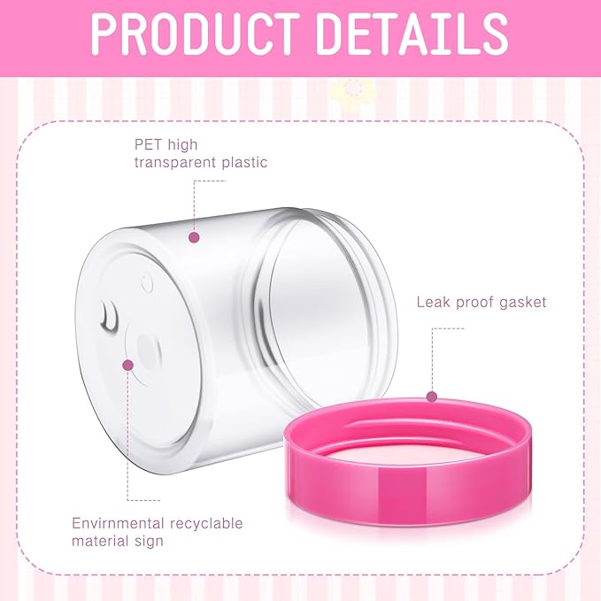 SATINIOR 12 Pack 6 oz Plastic Container Jars with Lids Round Clear Travel Cosmetic Container Slime Jars for Toiletries, Lotion, Cream, Ointments, Makeup, Rhinestone, Samples, Kitchen Storage(Pink)
