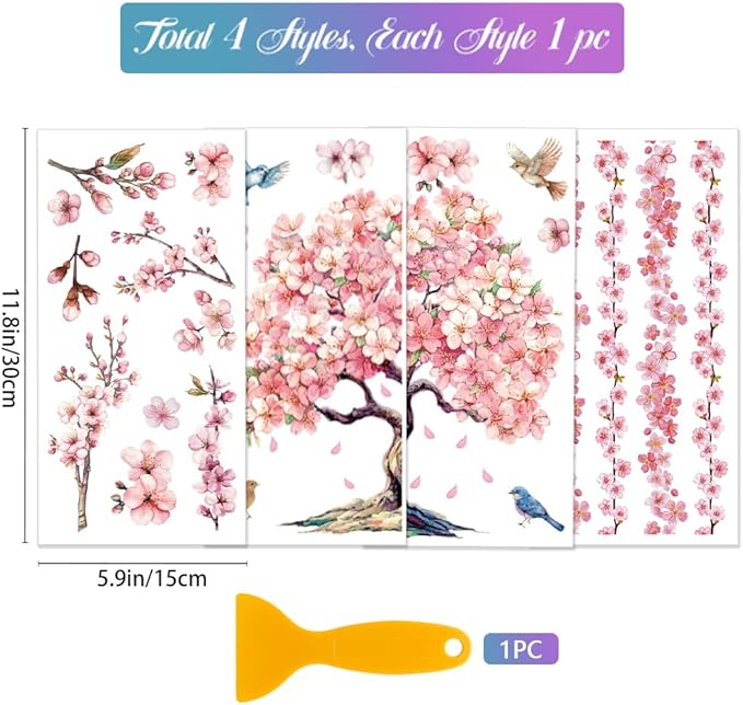 GLOBLELAND 4 Sheets Cherry Blossoms Tree Rub on Transfers 12x6inch Pink Flowers Furniture Transfers Sticker Birds UV Transfers Decal Craft for Bedroom Living Room Desk Table Decoration