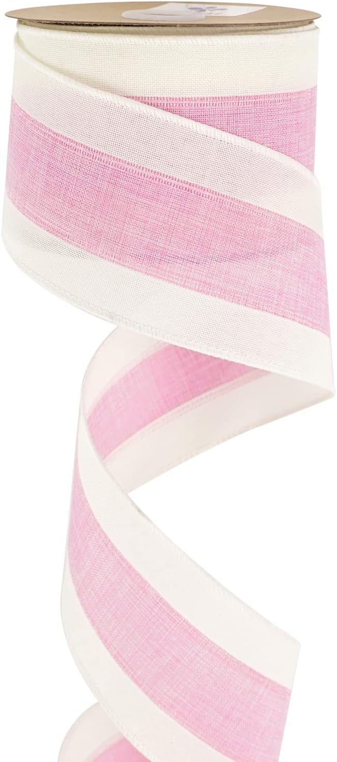 MEEDEE Pink White Stripe Wired Burlap Ribbon with Ivory Stripes Edge - 2.5 Inch, Light Pink (10 Yards) for Wreaths, Garland, Lantern, Mailbox Topper Bow