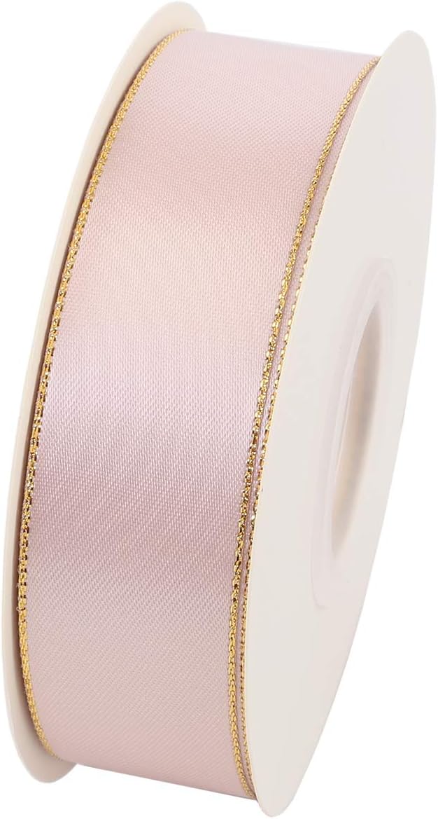 ITIsparkle 1" Inch Double Faced Satin Ribbon 25 Yards with Gold Edges, 1" X 25Yd - Vanilla