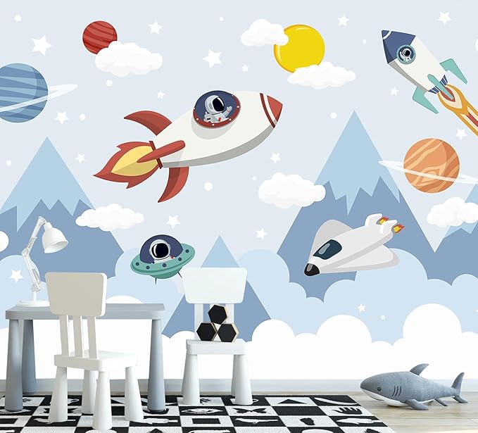 AFZEVEB-Space Mural Hand-Painted Cartoon Wallpaper for Kids Room 159"x107"(Not Peel and Stick)
