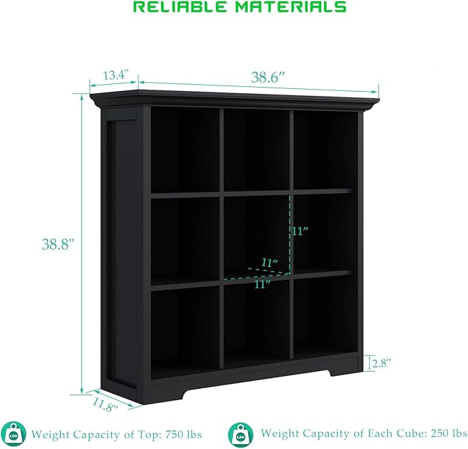 Cube Storage Bookcase with Base - Wooden 3 Tiers Floor Standing Open Shelf Cabinet for Home and Office, 9-Cube Lattice Bookshelf, Black